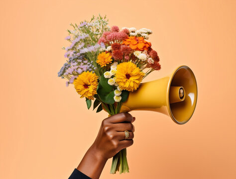 Bullhorn woman flowers yellow loudspeaker announce speech hand megaphone message day loud communication