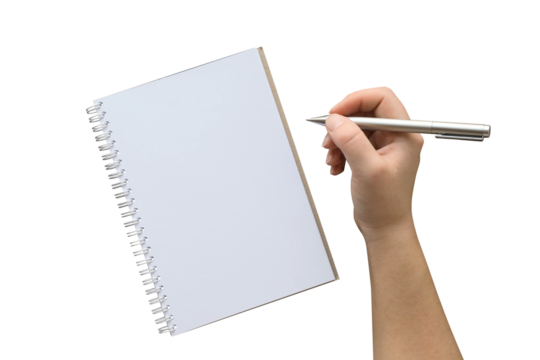 Composition with a hand holding a pen and clean note on a transparent background