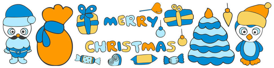 Christmas Doodle Colorful Set. Xmas Collection with Isolated Illustrations. New Year Elements of Christmas Tree, Lights, Decorations, Santa Claus and Gifts.