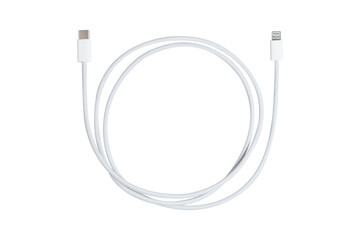 Fabric braided Lightning to USB type C cable white isolated on white background.