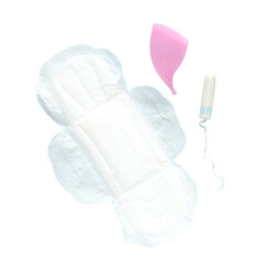 Feminine hygiene products - disposable pad, tampon and menstrual cup on a transparent background © tiena