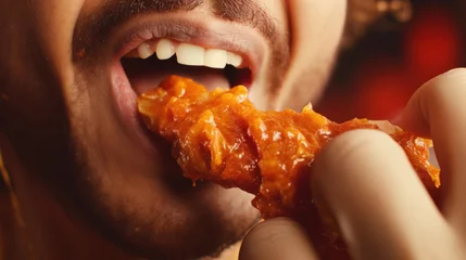 Poster man eating a takeaway fried chicken wing from fast food cafe with a mouth and teeth close up © Svetlana