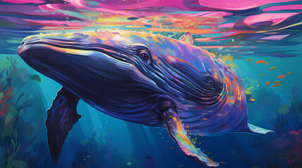 a whale swimming in the ocean, in the style of vibrant acrylic colors