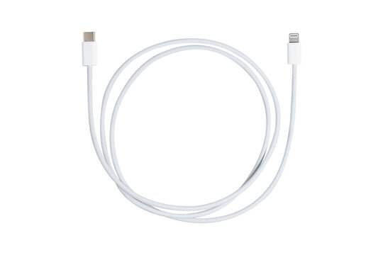 Fabric braided Lightning to USB type C cable white isolated on white background.