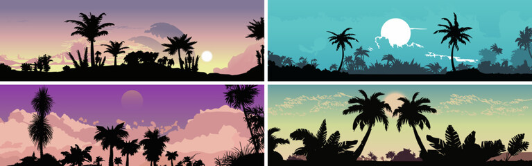 Silhouette of a realistic tropical landscape. Sunset landscape in the tropics. Vector illustration 2023