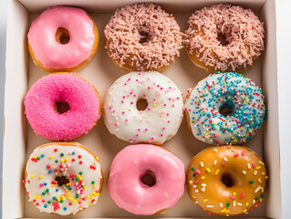 Assorted donuts, colorful glazes and sprinkles, arranged in a white bakery box, overhead shot