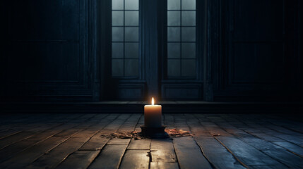 A dimly lit room with a single candle flickering in the corner