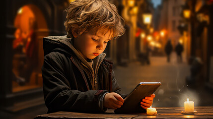 Young boy lookimg at tablet in town street with copy space and backlight