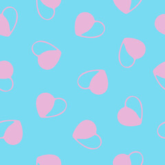 Hand Drawn Seamless Patterns with Hearts in Doodle Style. Romantic Love Digital Paper for Valentines Day. Colorful Hearts on Pastel Blue Background.