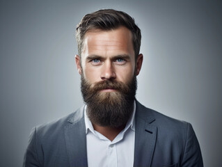 corporate executive's well - groomed, short beard. Close - up shot, studio lighting, against a white minimalist office backdrop