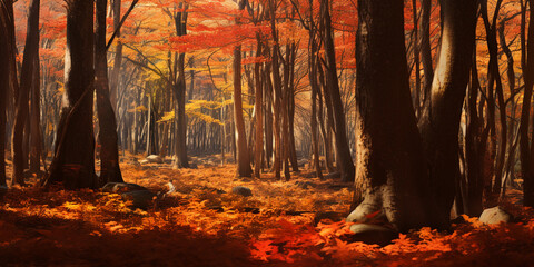 a deciduous forest in autumn, a carpet of vibrant red, orange, and yellow leaves, textured bark on mature trees, still air, warm afternoon sunlight