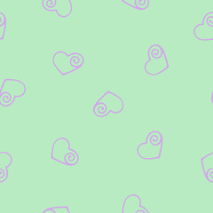 Hand Drawn Seamless Patterns with Hearts in Doodle Style. Romantic Love Digital Paper for Valentines Day. Colorful Hearts on Green Pastel Background.