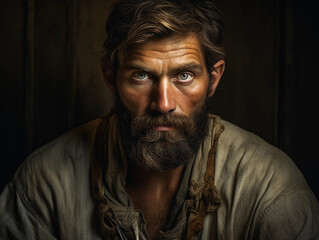 man with a French fork beard, soulful eyes and a pensive expression. Shot indoors, softbox lighting