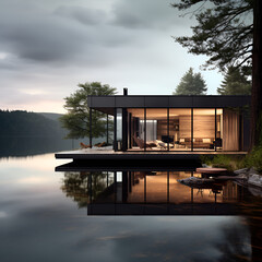 Fototapeta na wymiar Modern lake house, beautiful, v1, created with generative AI technology 