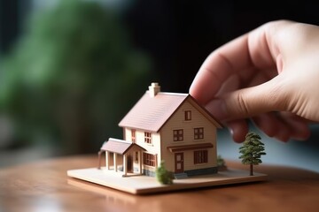Real estate agent or real estate agent is showing house model to customer.