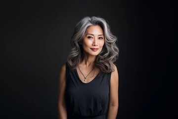 Portrait of asian lady, senior woman with grey hair smiling and looking at camera, standing over grey background. - obrazy, fototapety, plakaty