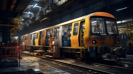 Fototapeta premium An underground subway maintenance depot, with trains undergoing repairs and maintenance