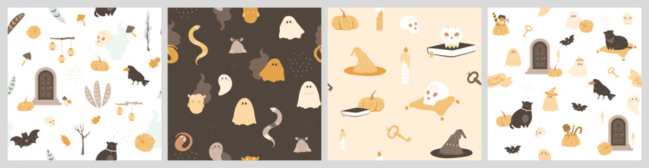 Halloween patterns set. Bohemian background with witch cat, cute monsters, snake, raven, skull on book with floating candles. Door to afterlife, mushrooms and autumn leaves. Vector illustration.