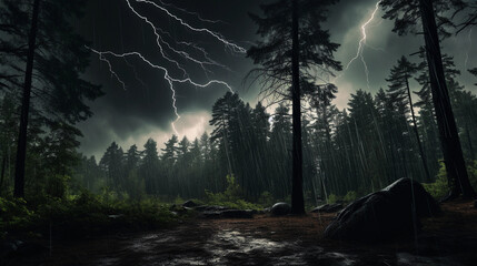 forest hit by a storm, torrents of rain, glistening wet leaves, dynamic motion of trees swaying,...