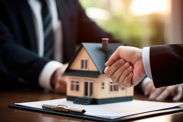 Close-up image of human hands holding house model. real estate business concept