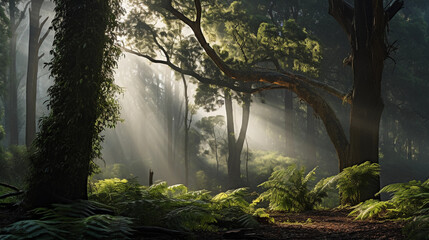 a dense, misty forest at dawn, sunbeams breaking through the canopy, dappled light on the forest...