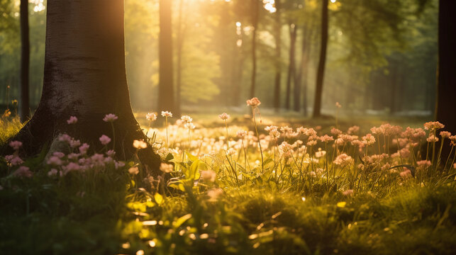 forest clearing during golden hour, buttery bokeh, fields of wildflowers, translucent petals, radiant beams of sunlight, soft focus for dreamy feel