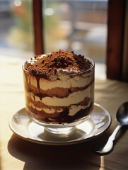 Tiramisu in a glass, cocoa powder sprinkled on top, detailed layers visible, set on a marble table, dramatic light