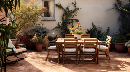 An outdoor patio with a few chairs a table and a few potted plants