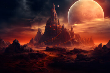  Fantastical Castle on Rocky Outcropping with Red Sky - obrazy, fototapety, plakaty