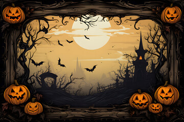 Halloween Themed Frame with Spooky Landscape and Jack-o-Lanterns