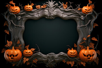 Halloween Themed Frame with Pumpkins and Autumn Leaves
