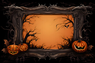 Spooky Frame with Jack-o-Lanterns and Dark Orange Background