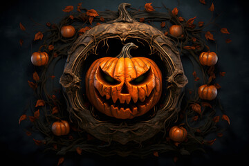  Scary Carved Pumpkin Surrounded by Wreath and Smaller Pumpkins