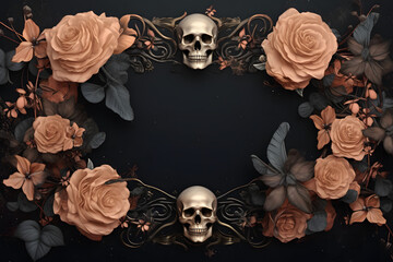 Title: Symmetrical Floral Design with Roses and Bells on Black Background