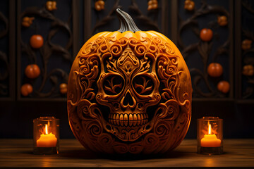 Ornately Carved Skull on Pumpkin with Candlelit Background