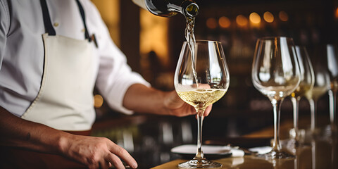 Fototapeta na wymiar waiter pouring champagne into glass, drink, glass, wine, table, cafe, alcohol, wineglass, generative AI
