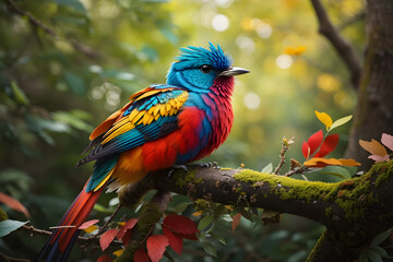 A colorful bird sits on a branch in the forest.