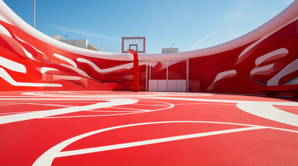 An outdoor basketball court is lined with red and white stripes - obrazy, fototapety, plakaty