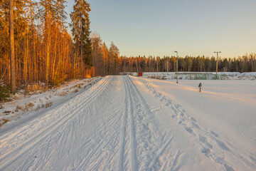 Fototapeta na wymiar Beautiful view of ski stadium in forest with classic ski track at sunset on frosty winter evening. Sweden.