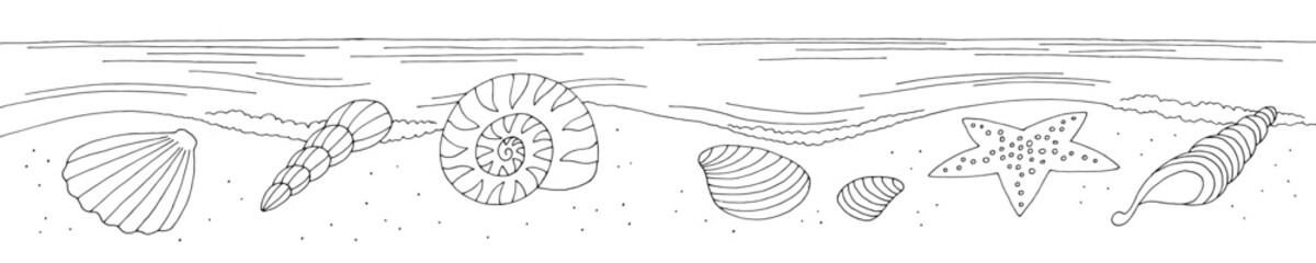 Seashells on the beach graphic black white long landscape sketch illustration vector