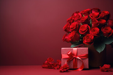 romance background of red roses and elegant gift box