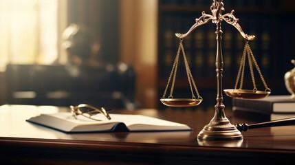 Law theme, mallet of judge, wooden gavel, scale of justice