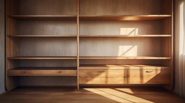 An open closet with shelves and drawers made of wood 