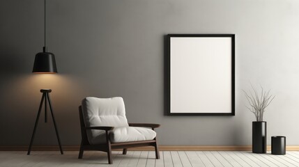 Modern living room interior. Interior and Blank picture frame background mockup and armchairs with the gray wall.