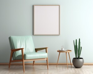 Modern living room interior. Interior and Blank picture frame background mockup and armchairs with the green wall.