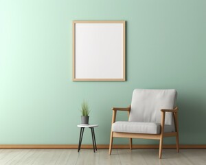 Modern living room interior. Interior and Blank picture frame background mockup and armchairs with the green wall.