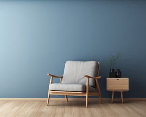 Modern living room interior. Interior and frame mockup. Two white armchairs with the blue wall.