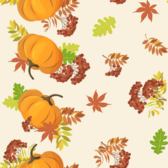 Autumn, seamless vector illustration. Rowan branches, pumpkin and maple leaves on a beige background.
