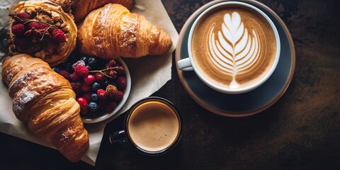An inviting flat lay featuring an assortment of delicious pastries, displayed beautifully on a cozy café table, offering a perfect blend of culinary delight and aesthetic charm. - obrazy, fototapety, plakaty