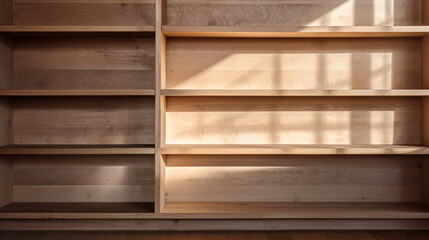 An open closet with shelves and drawers made of wood 